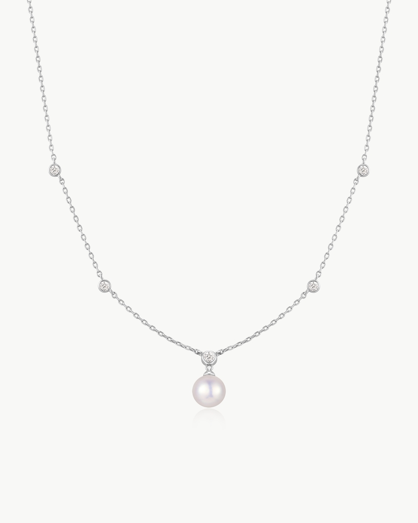 Collier argent, zircons incolores, perle