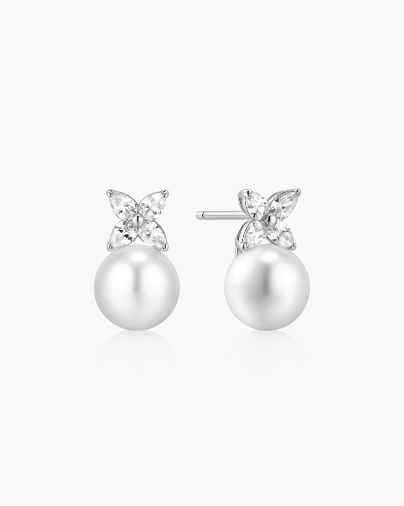 Boucles d'oreilles fixes argent, zircons incolores, perles