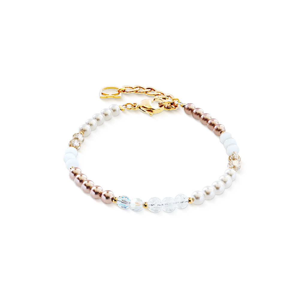 Bracelet acier inoxydable doré, verre, cristaux, perles
