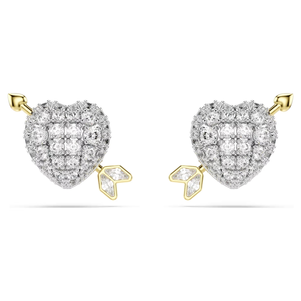Boucles d'oreilles fixes Idyllia, coeurs et flèches, métal doré, cristaux incolores