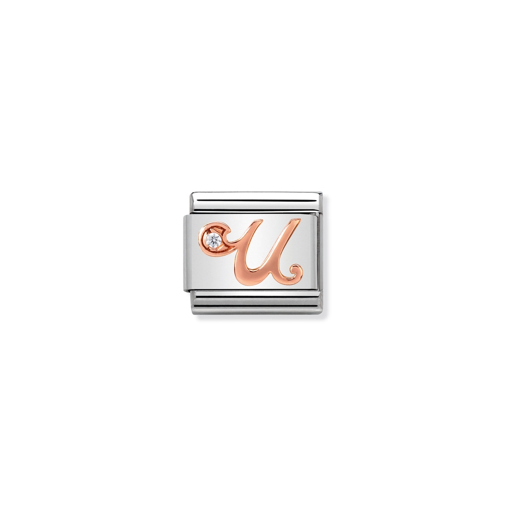 Classic link letter U, stainless steel, 9 carats rose gold finish, clear zirconia