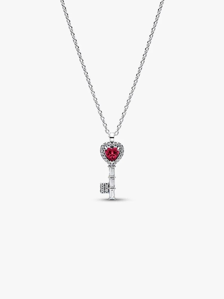 Collier clé coeur surélevé, argent, zircons incolores, cristal rouge
