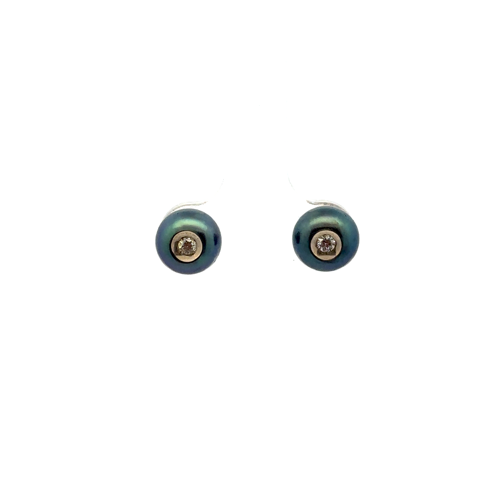 Boucles d'oreilles fixes or blanc 14 carats, perles teintées, 8 points de diamant total - 11902 - Galatea