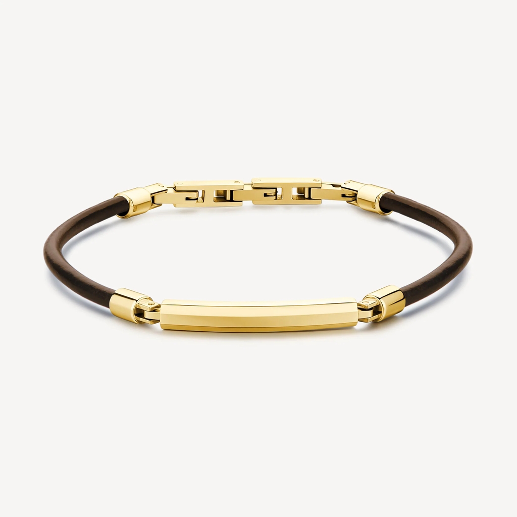 Bracelet Origin, cuir brun, acier inoxydable doré