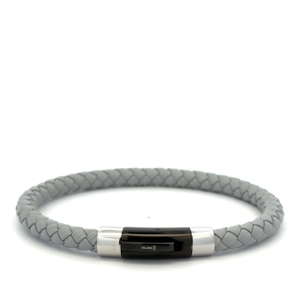 Bracelet cuir gris tressé, acier 2 tons (blanc/noir)