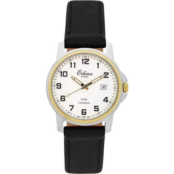Montre cuir noir, acier inoxydable 2 tons (blanc/jaune), fond blanc