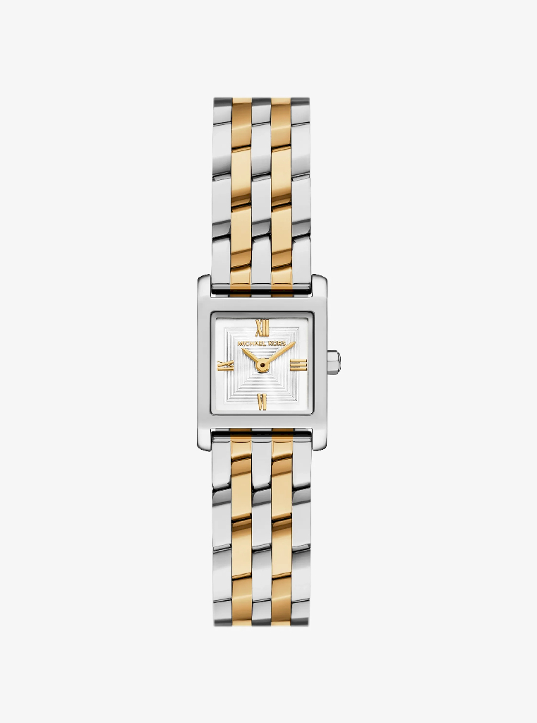 Montre carrée, acier inoxydable 2 tons (blanc et jaune), fond blanc