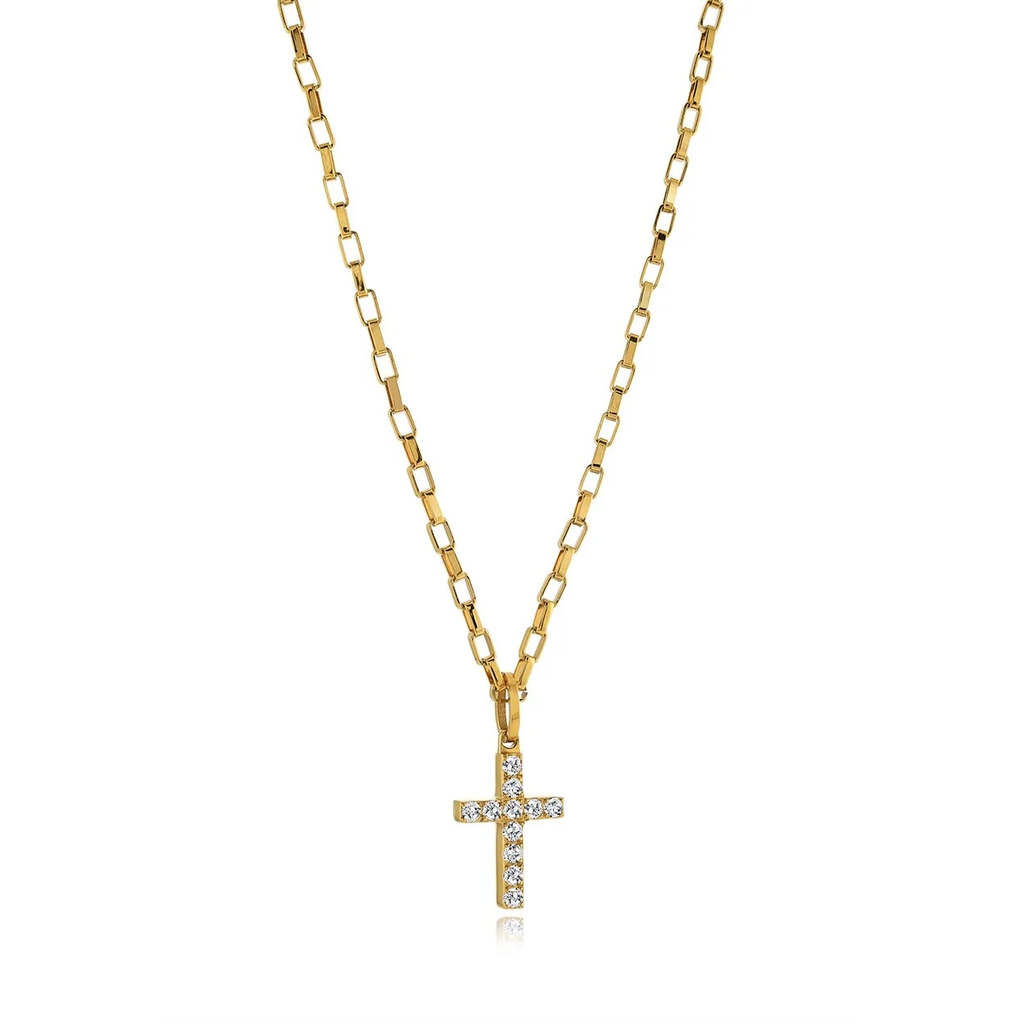 Pendentif croix, acier inoxydable doré, zircons incolores