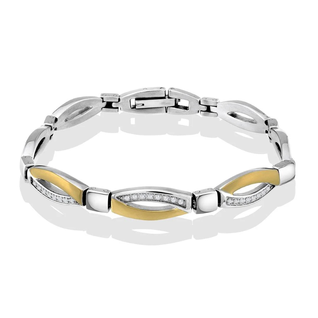 Bracelet acier inoxydable 2 tons (blanc et jaune), zircons incolores