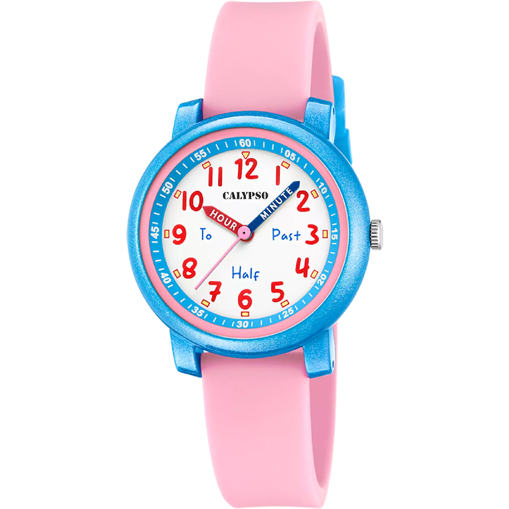 Montre silicone rose et bleu, fond blanc