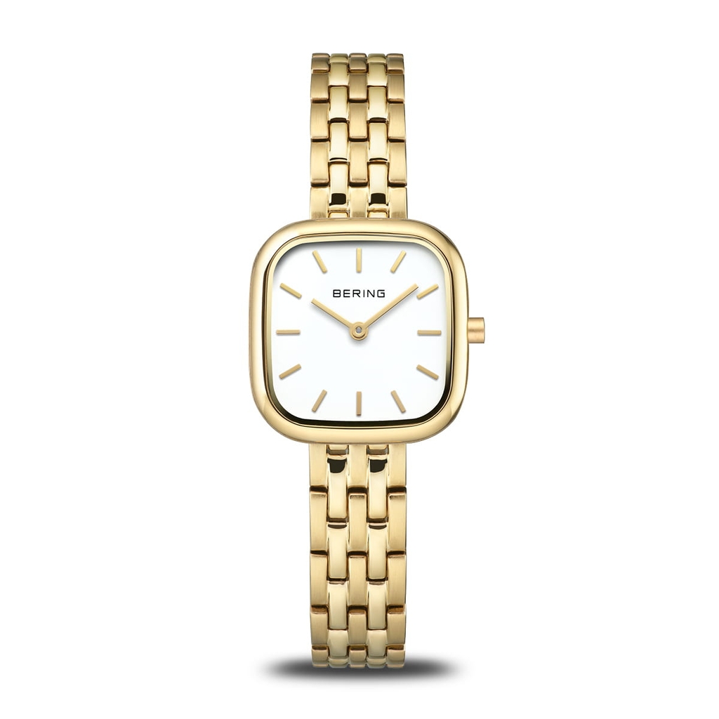 Montre carrée, acier inoxydable doré, fond blanc