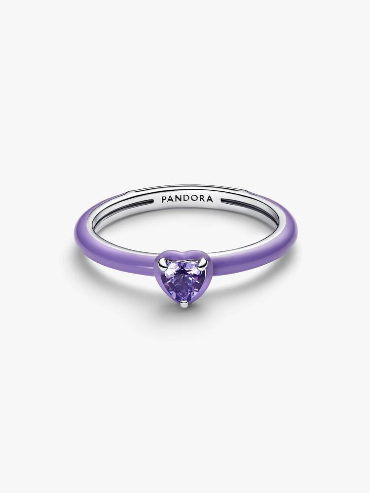 Bague coeur chakra, argent, émail mauve, cristal violet, Pandora Me