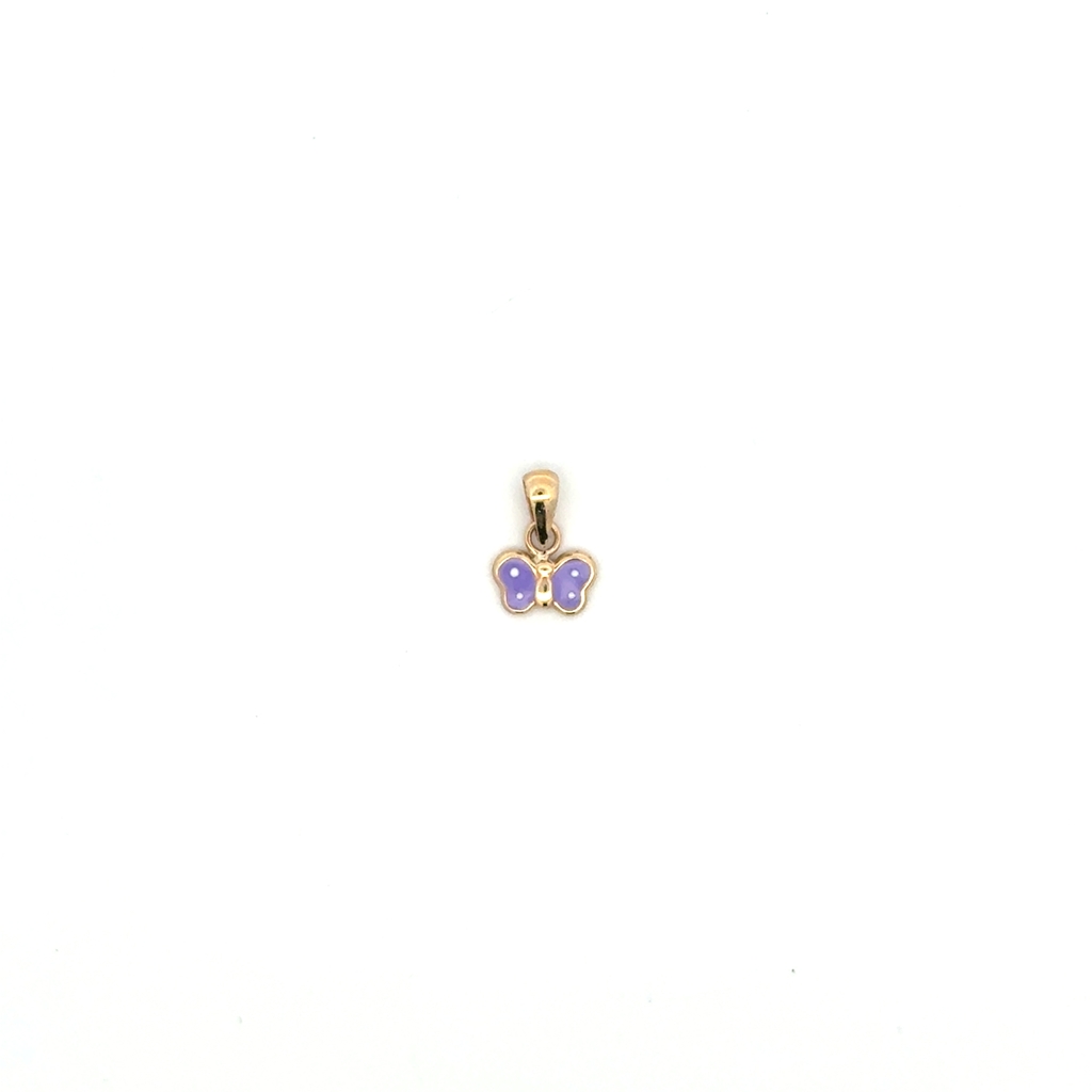 Pendentif papillon, or jaune 10 carats, émail mauve et blanc