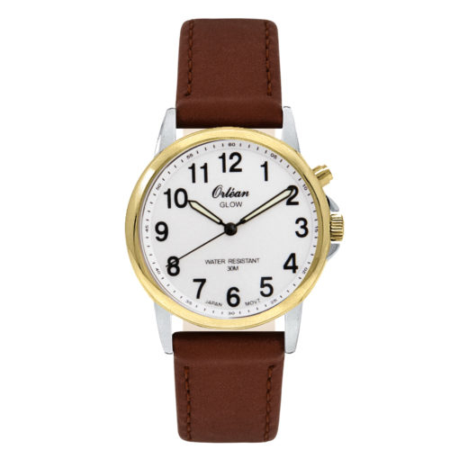 Montre cuir brun, acier inoxydable 2 tons (blanc et jaune), fond blanc