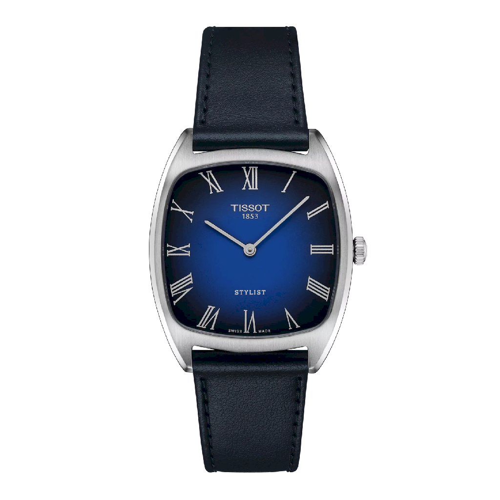 Montre Stylist carrée, cuir marine, acier inoxydable, fond bleu