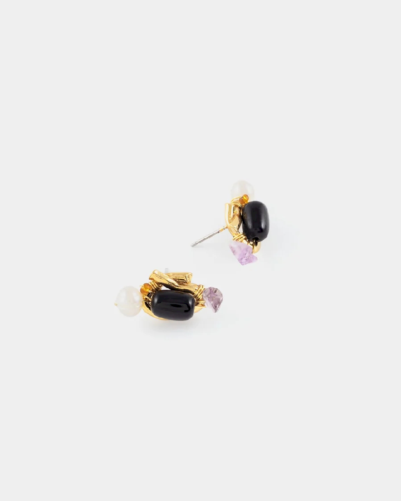 Boucles d'oreilles fixes étain doré, verre coloré, perles d'eau douce