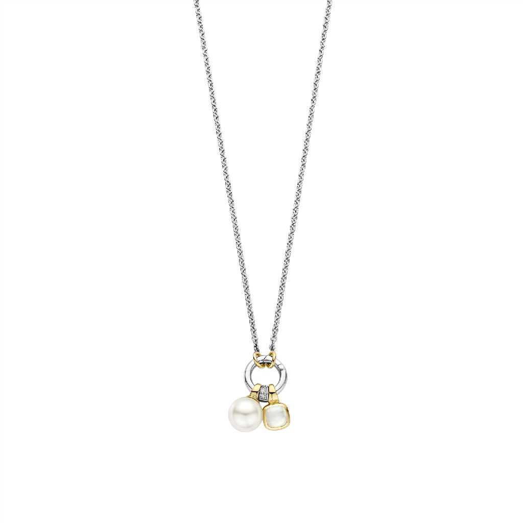 Two tone sterling silver necklace (white and yellow), pearl, clear zirconia