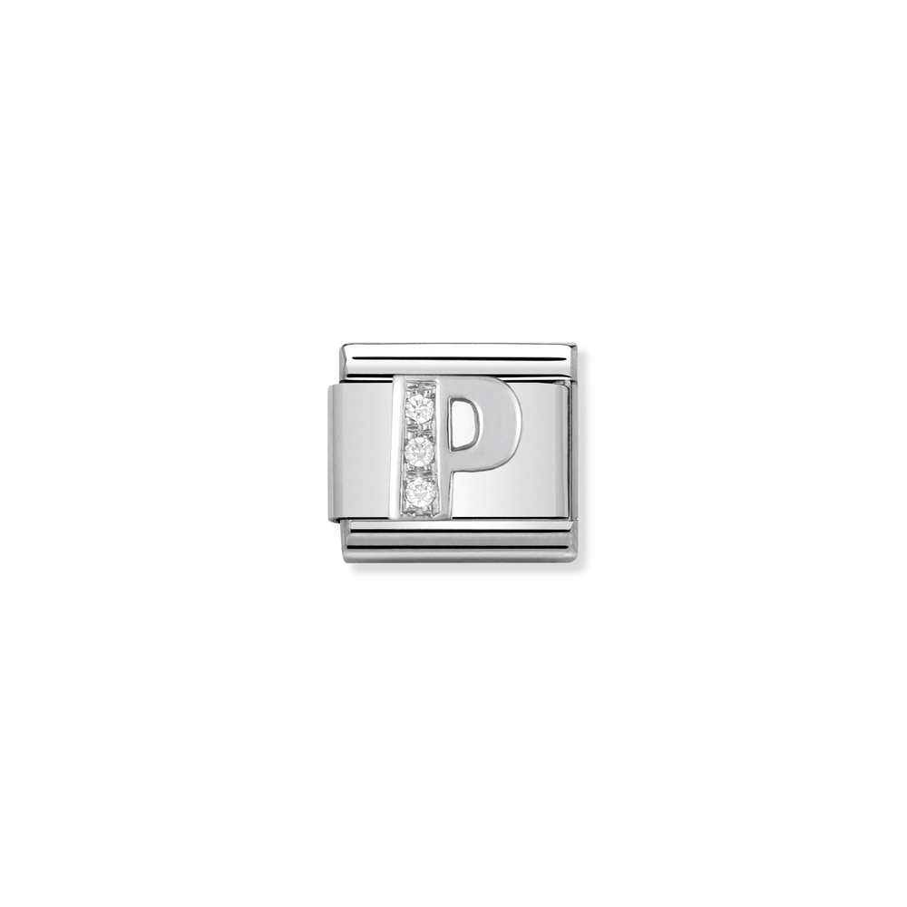 Classic link letter P, stainless steel, sterling silver, clear cubic zirconia - 33030116 - NOMINATION