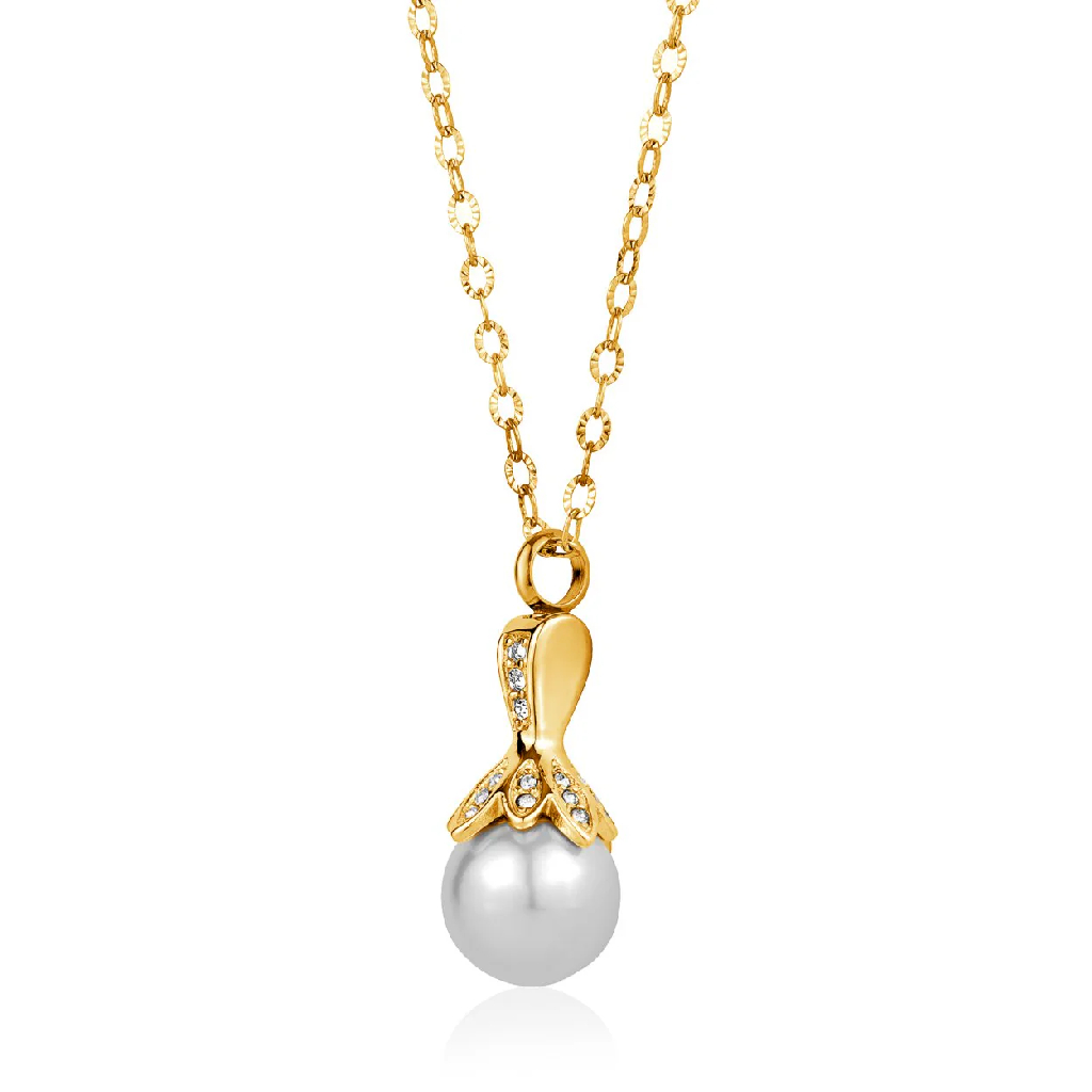 Pendant urne funéraire in stainless steel dgoldé, perle, clear zircons