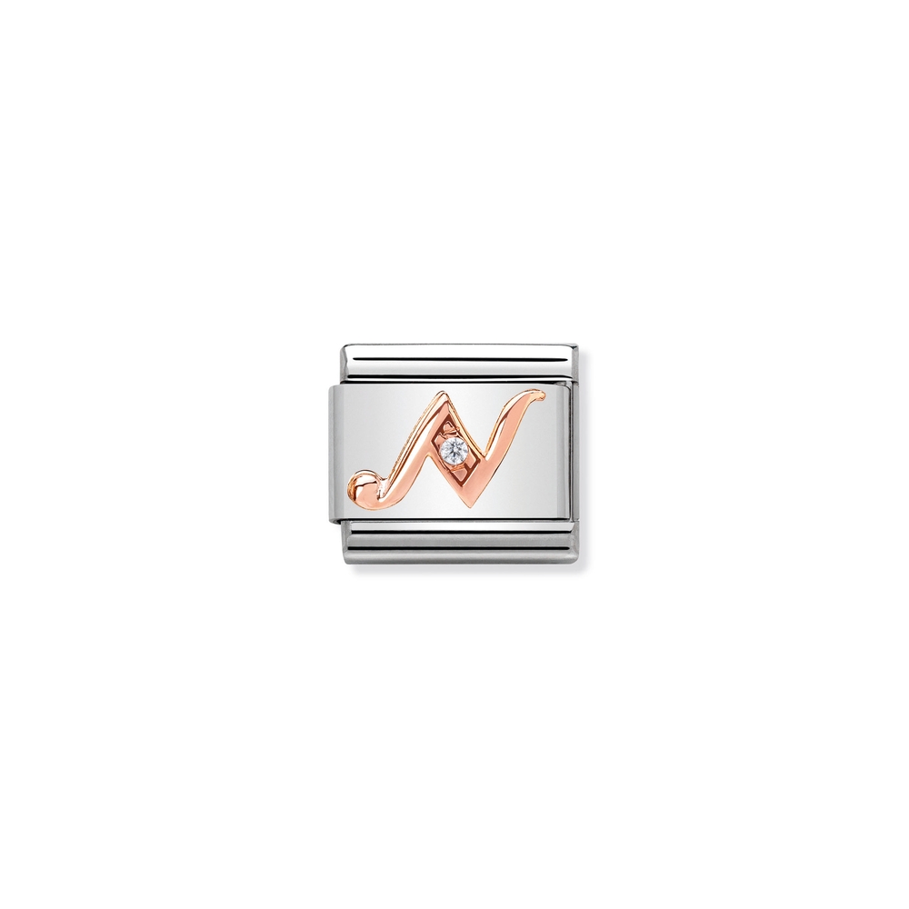 Classic link letter N, stainless steel, 9 carats rose gold finish, clear zirconia