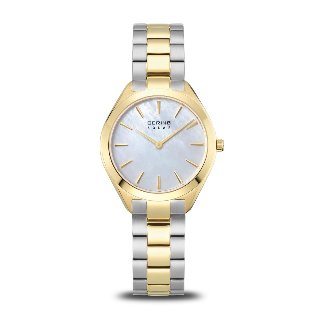 Montre solaire, acier inoxydable 2 tons (jaune et blanc), fond nacré