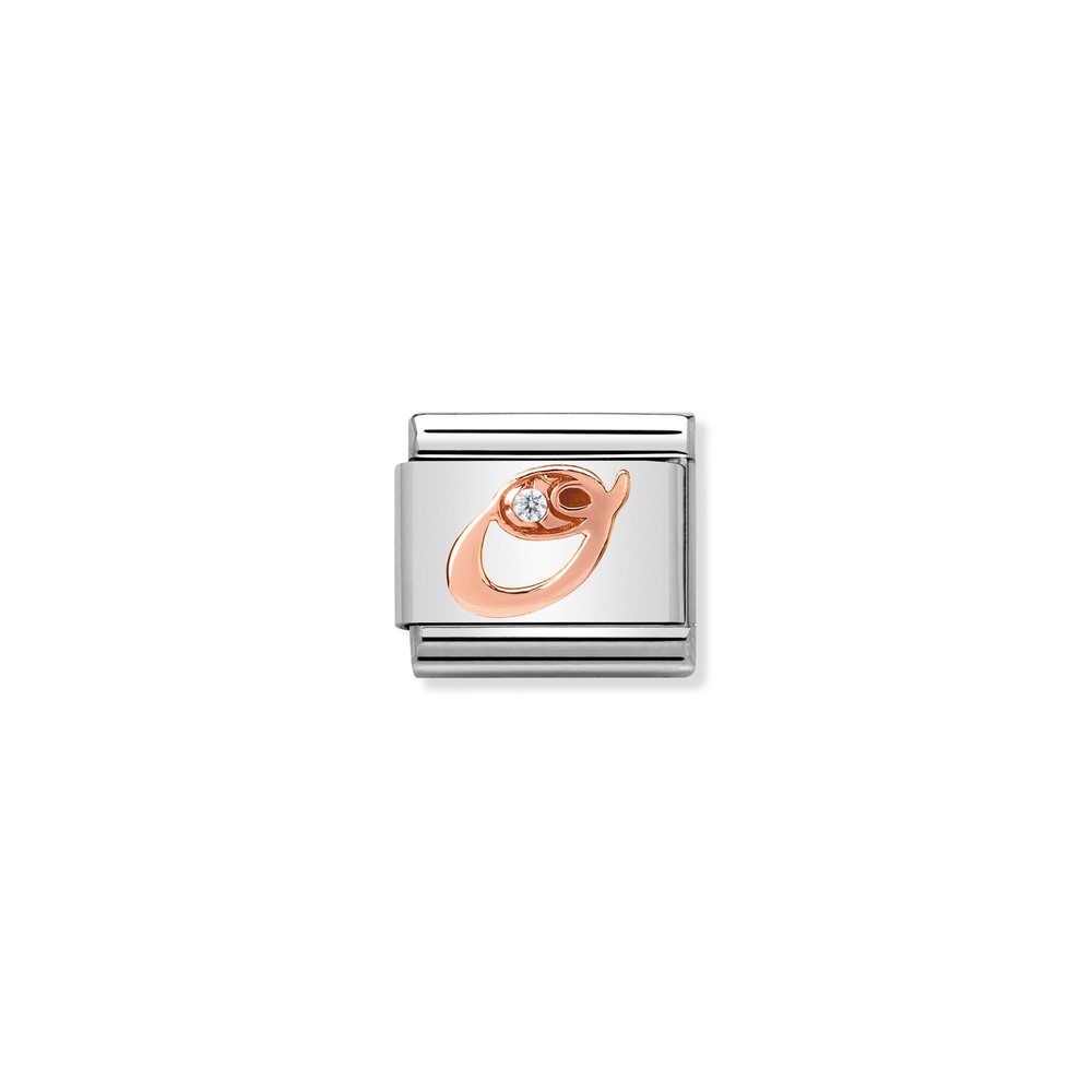 Classic link letter O, stainless steel, 9 carats rose gold finish, clear zirconia