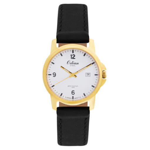 Montre cuir noir, acier inoxydable doré, fond blanc