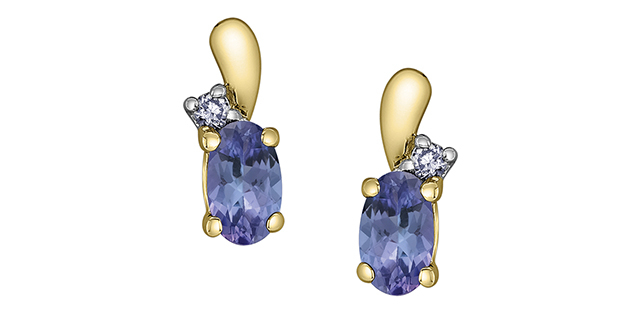 Stud earrings yellow gold 10 carats, tanzanites, 3 points of total diamond