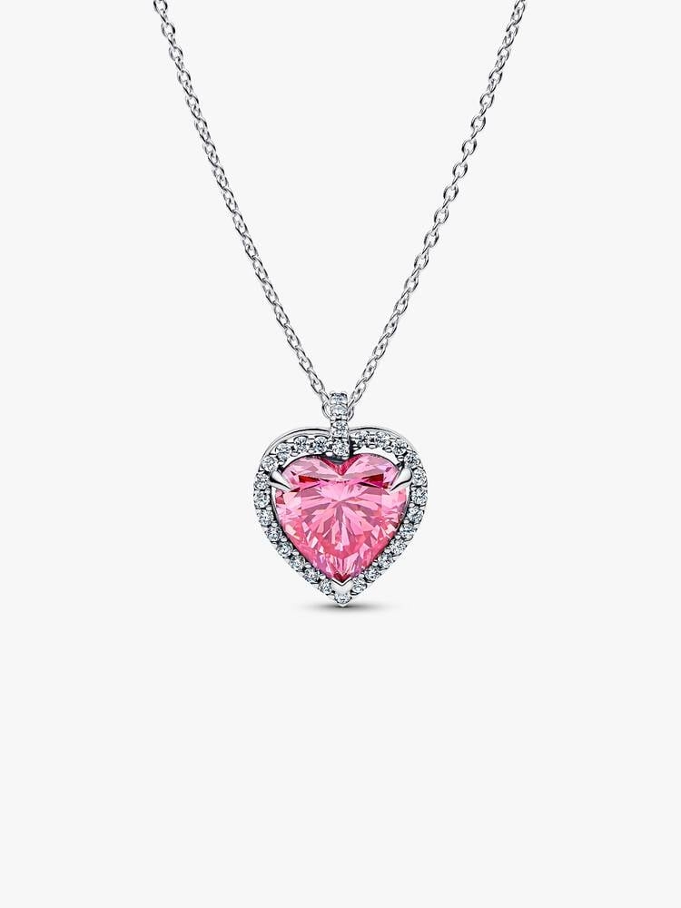 Collier halo coeur, argent, zircons incolores et rose
