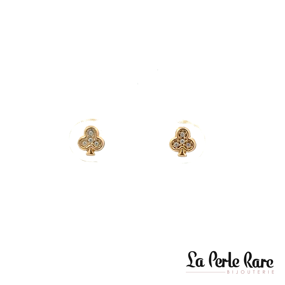 Screw-back three‑leaf clover stud earrings 10K yellow gold, clear zirconia - 4464 - Exclusivity