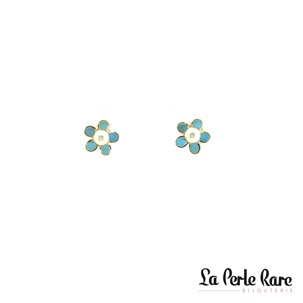 Boucles d'oreilles fixes vissées fleurs or jaune 10 carats, émail bleu et perles - 8858-BLEU - Exclusivités