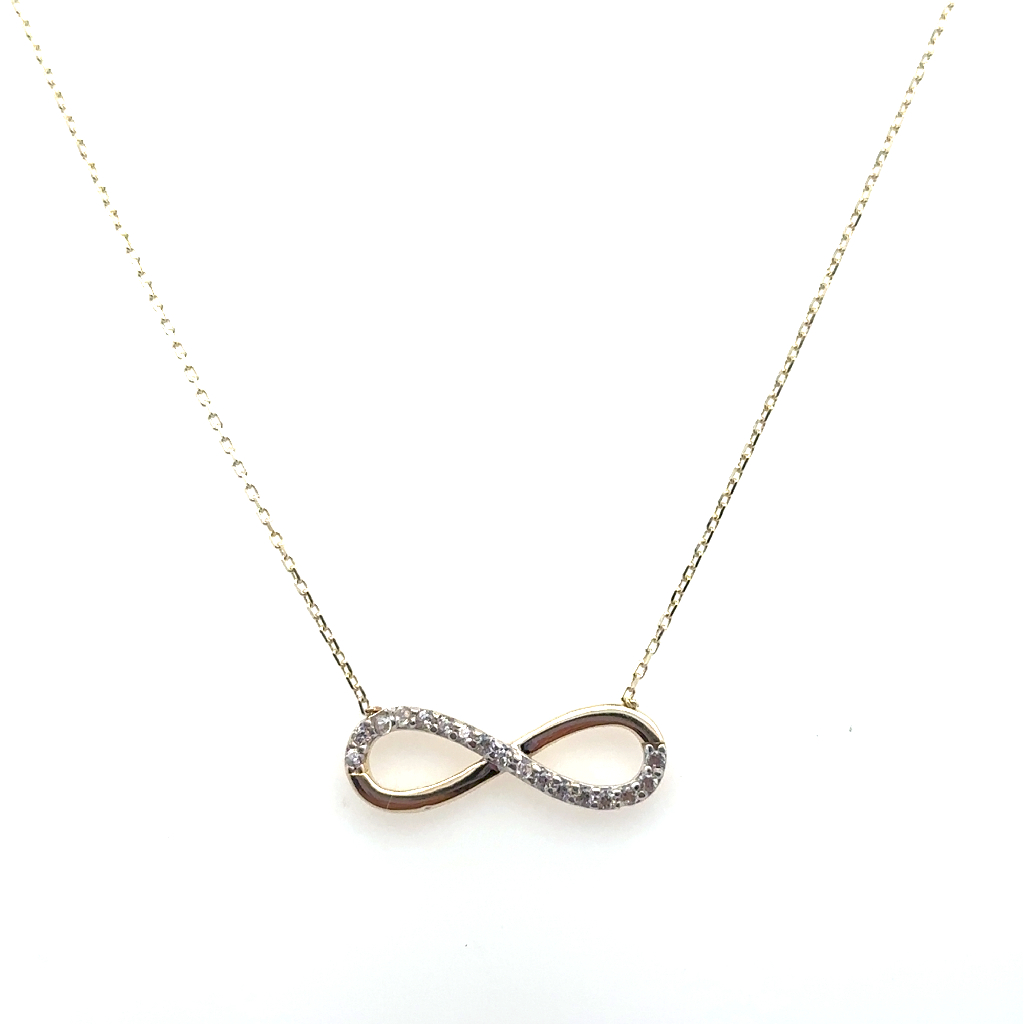 Collier symbole de l'infini, or jaune 10 carats, zircons incolores