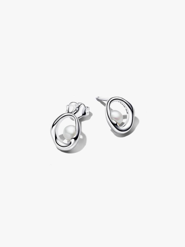 Stud earrings ovales de forme organique, sterling silver, pearls d'eau douce, cubic zirconia