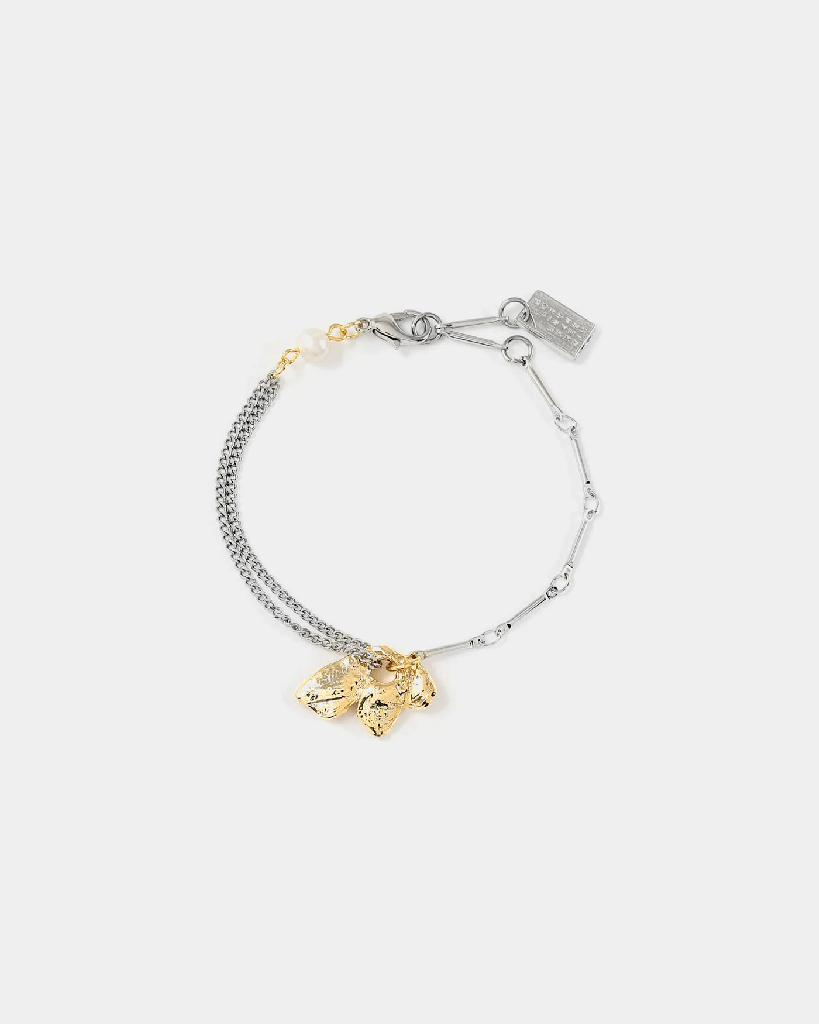 Bracelet acier inoxydable, étain finition or jaune 22 carats, perle d'eau douce