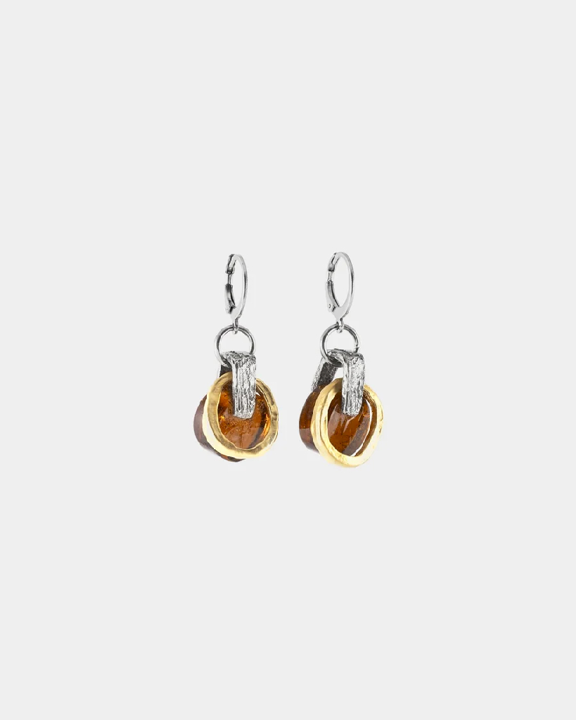 Boucles d'oreilles pendantes acier, étain 2 tons (blanc/jaune), verre coloré