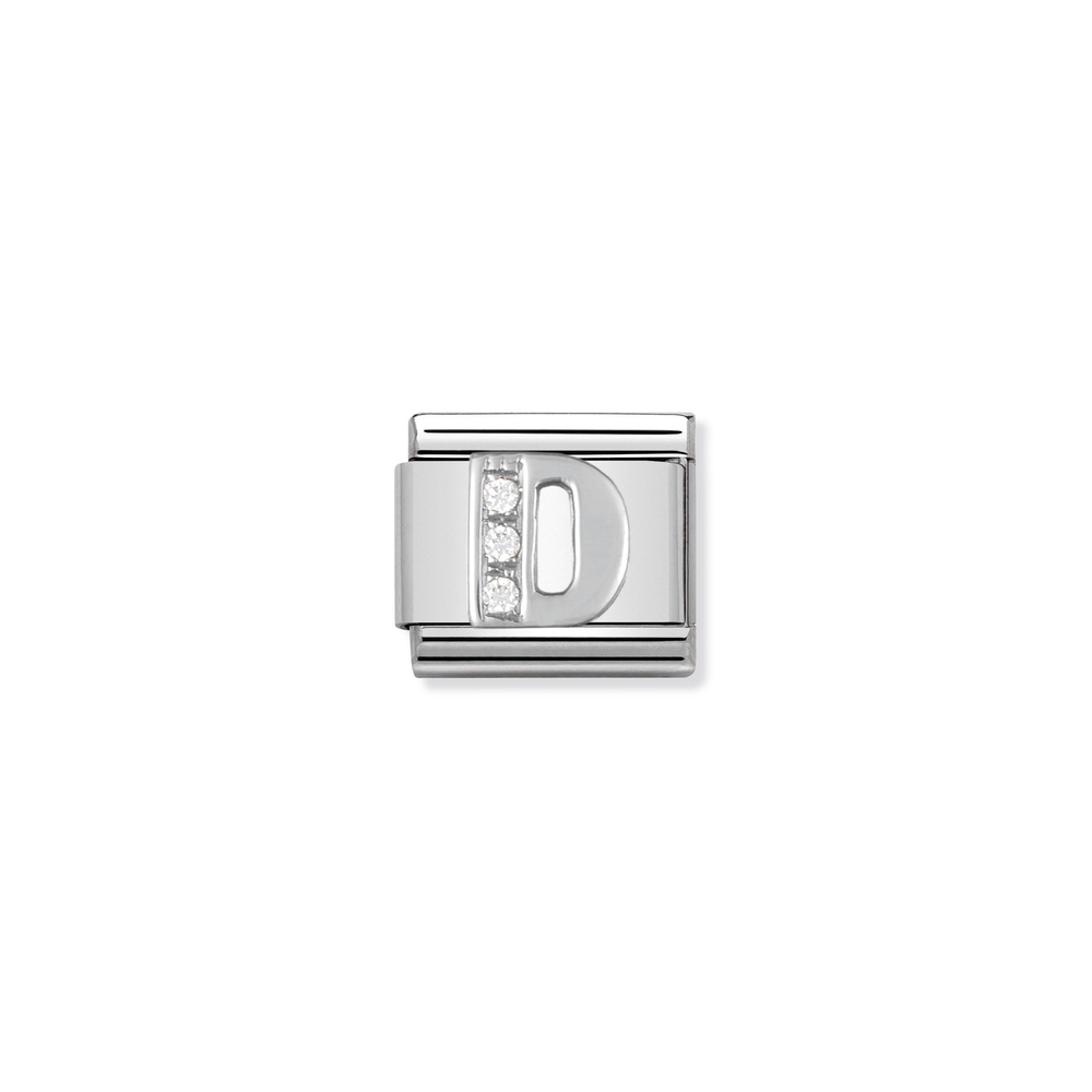 Classic link letter D, stainless steel, sterling silver, clear cubic zirconia - 33030104 - NOMINATION