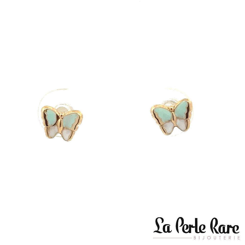Screw-back butterfly stud earrings 10K yellow gold, green and white enamel - 8994-VERT - Exclusivity