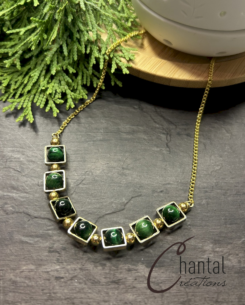 caroline green necklace, gold tone stainless steel, green tiger eye