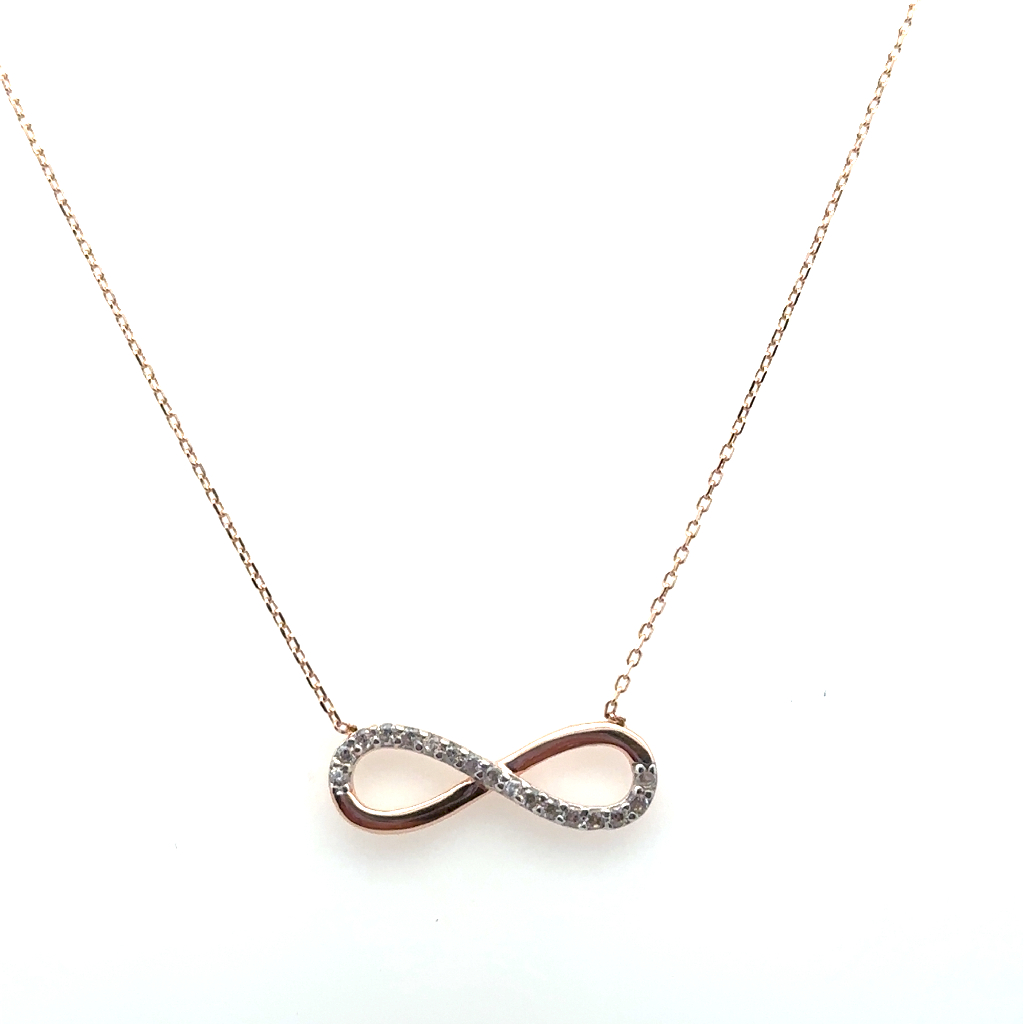 Collier symbole de l'infini, or rose 10 carats, zircons incolores
