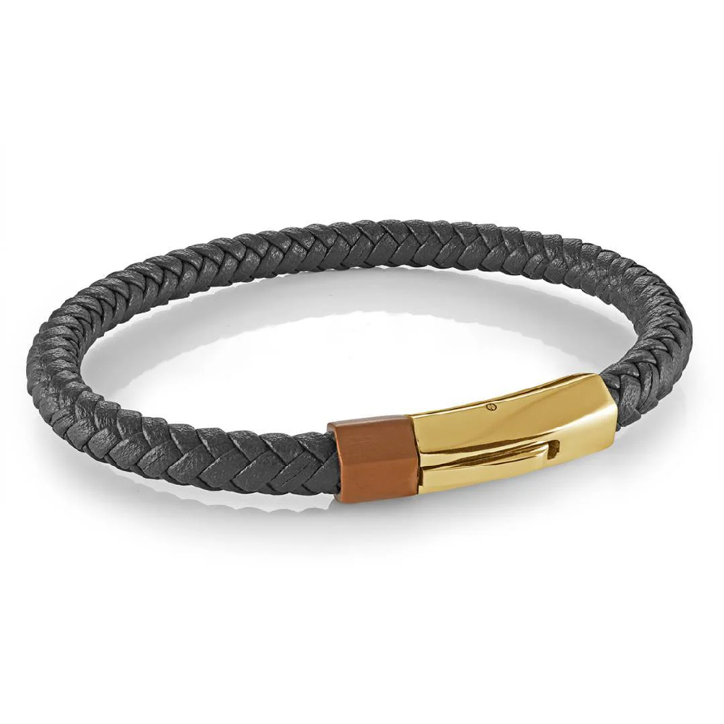 Braceland cuir brun tressé in stainless steel two tone (jaune and cuivré)