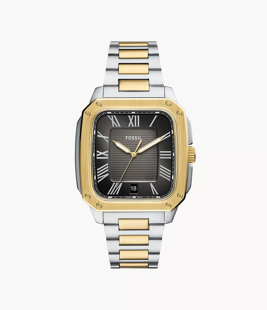 Fossil Square Two-Tone Stainless Steel Watch with Black Dial - FS6123 - Fossil