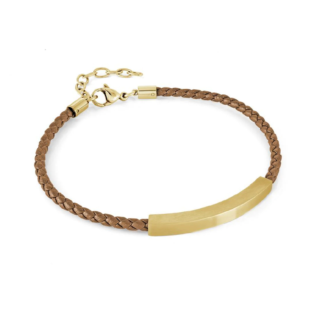 Braceland cuir brun tressé in stainless steel dgoldé