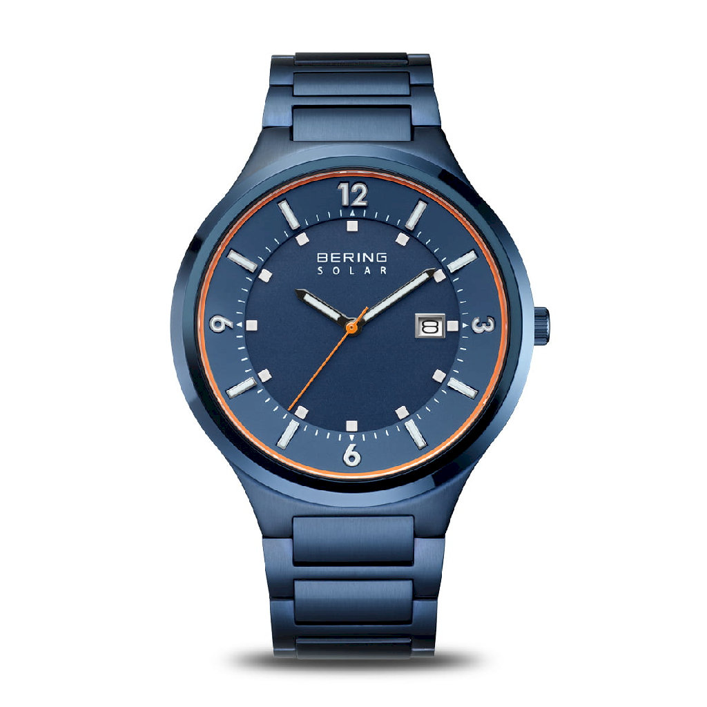 Solar stainless steel watch with blue dial