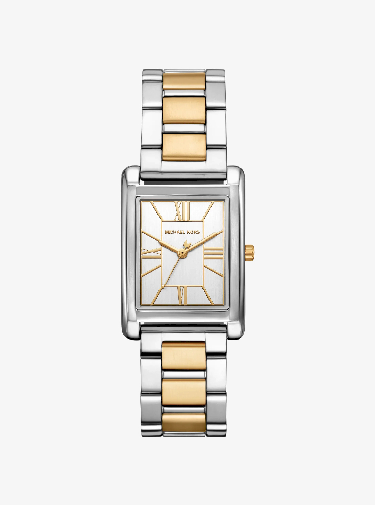 Montre rectangulaire, acier inoxydable 2 tons (blanc et jaune), fond blanc