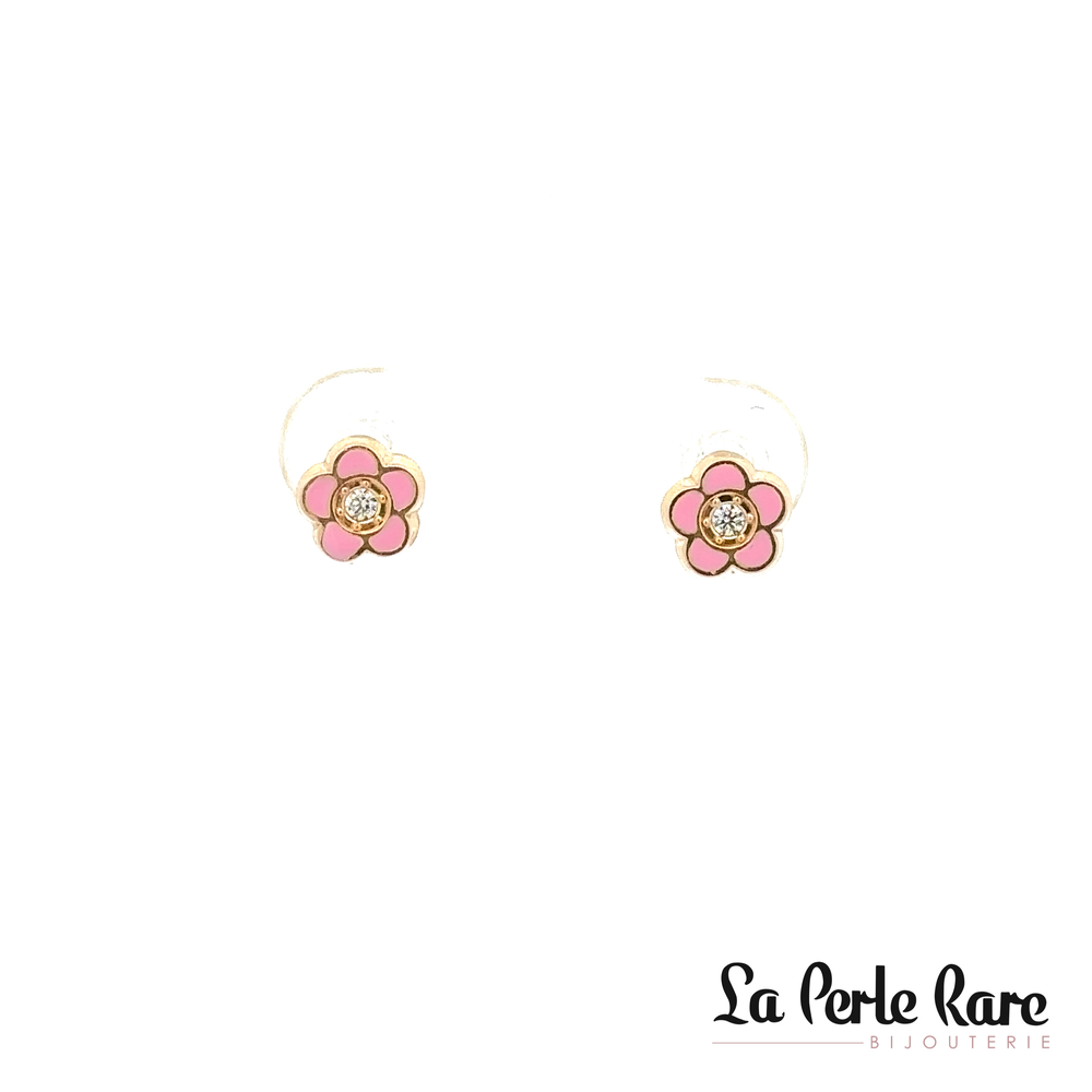 Screw-back flower stud earrings 10K yellow gold, pink enamel and clear zirconia - 4466 - Exclusivity