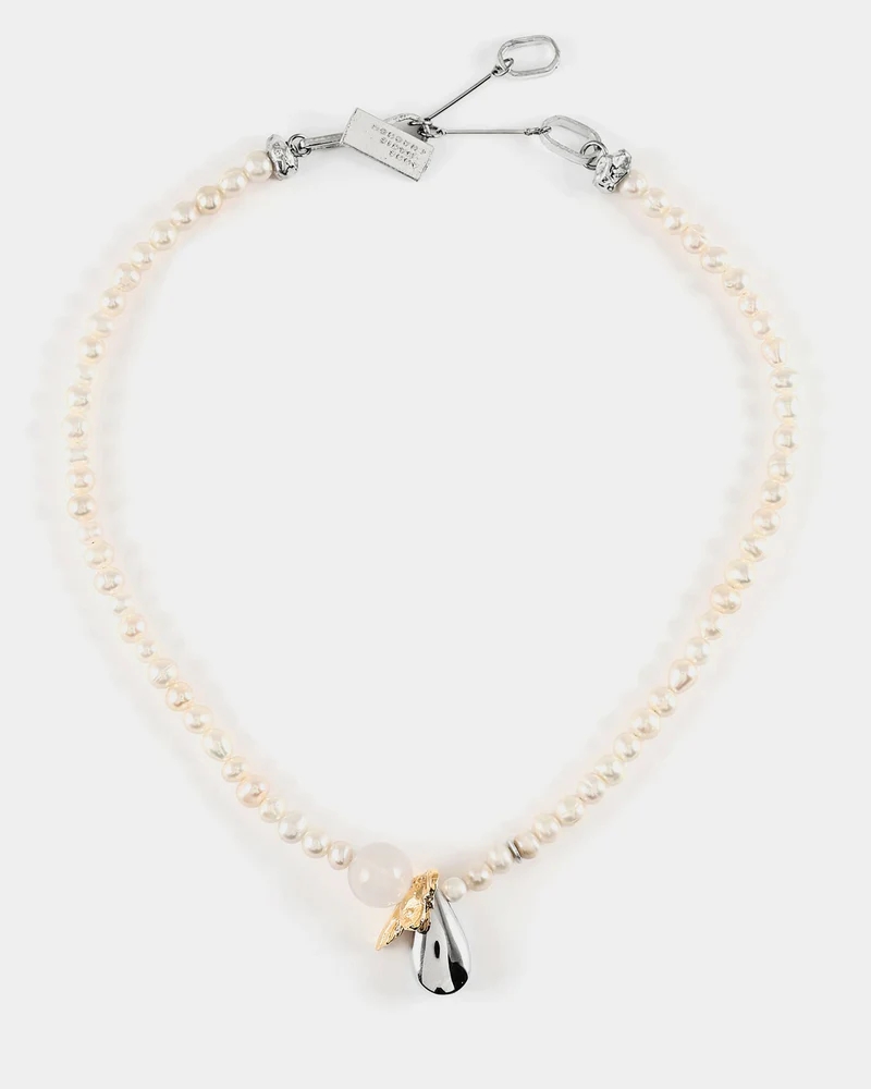 Collier funéraire, étain 2 tons (blanc et jaune), agate, perles d'eau douce