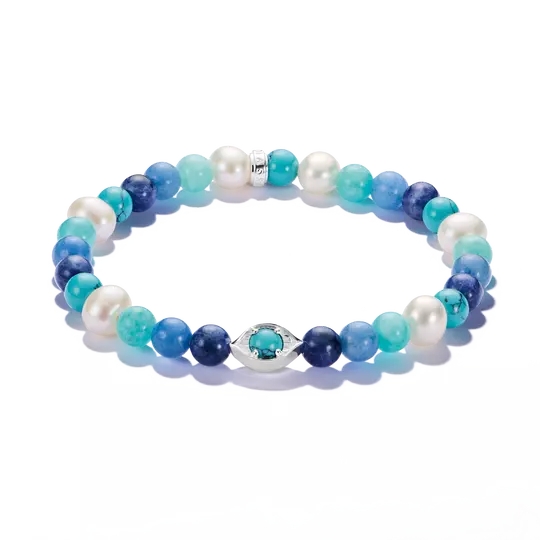 Bracelet extensible, perles, amazonite, dumortierite, argent