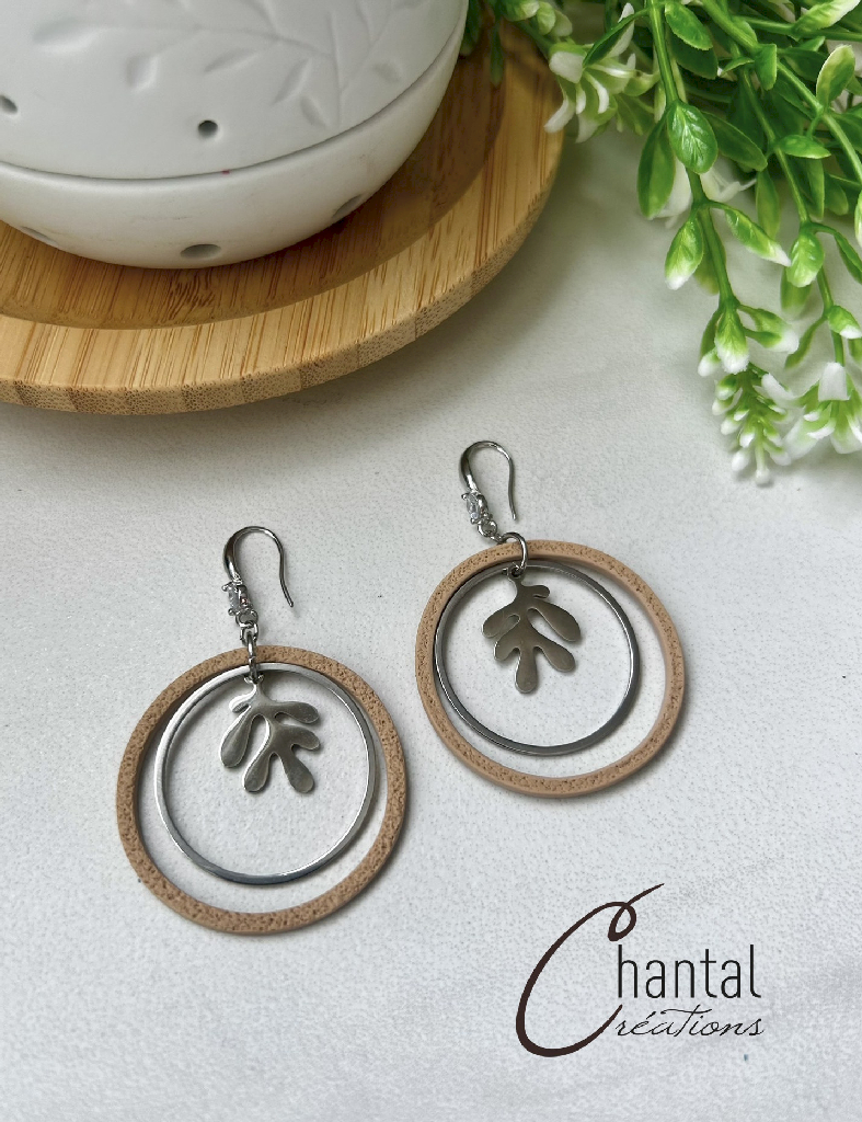 Boucles d'oreilles pendantes Saturne feuille, argile polymère, acier inoxydable, zircons incolores
