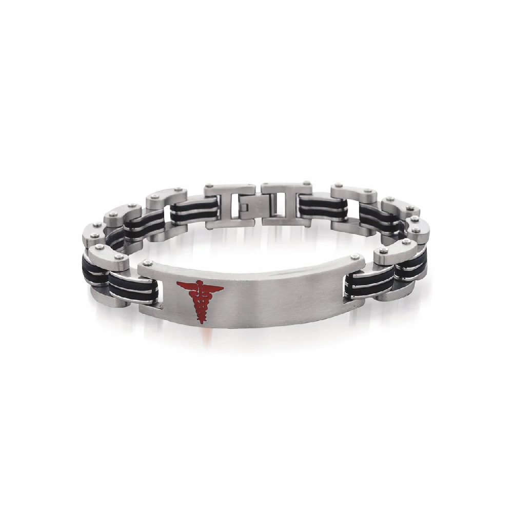 Bracelet médical en acier inoxydable 2 tons (blanc et rouge), silicone noir