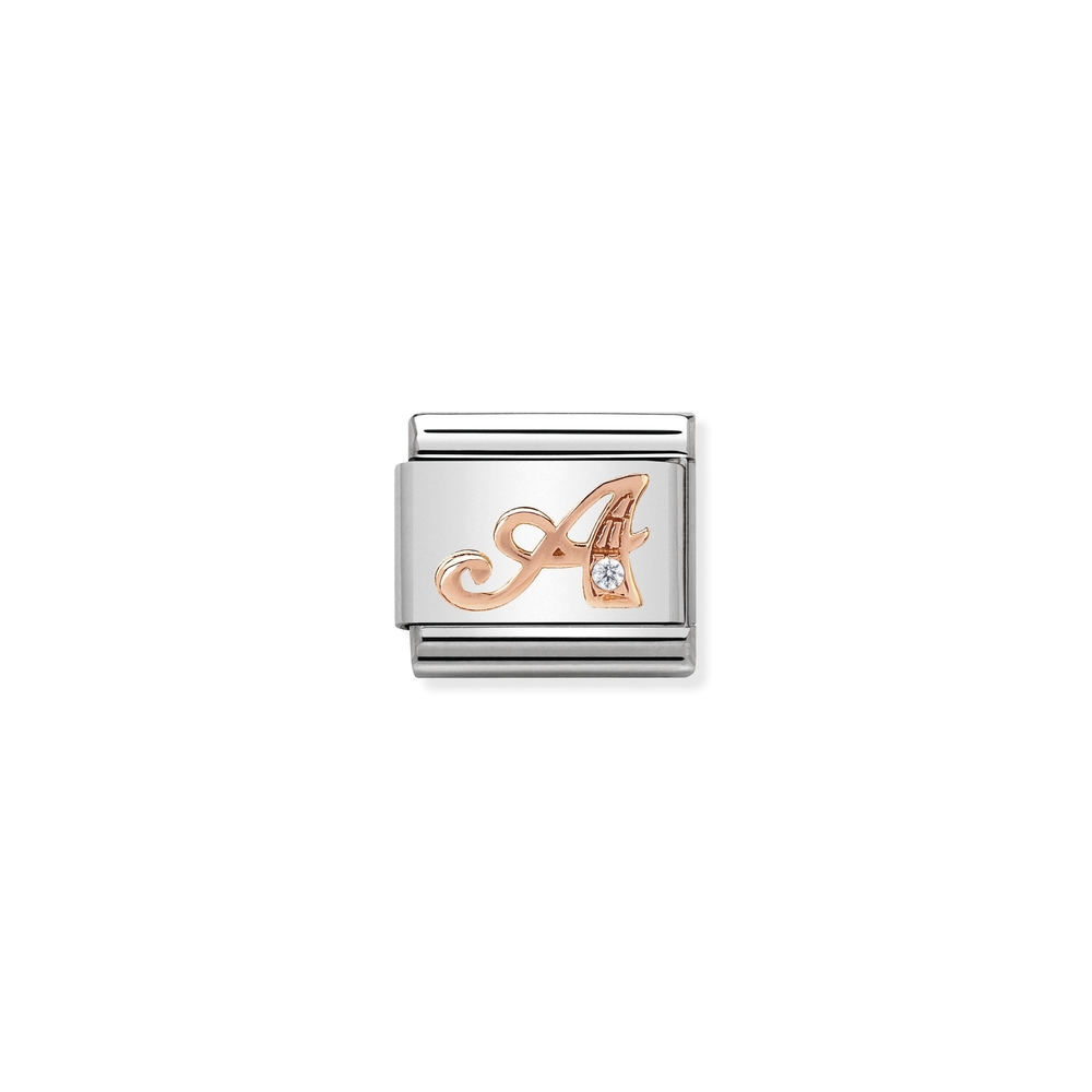 Classic link letter A, stainless steel, 9 carats rose gold finish, clear zirconia